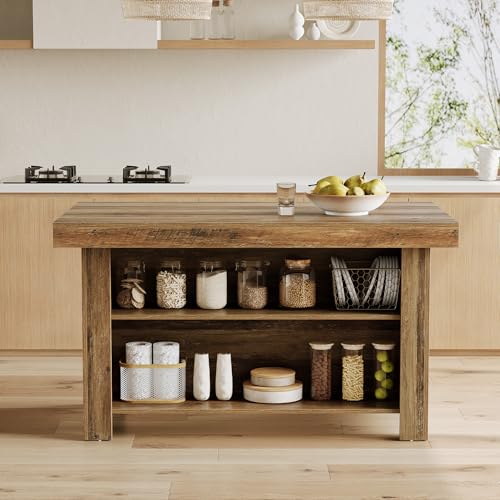 LITTLE TREE 55 Inches Kitchen Island with Storage, 3-Tier Farmhouse Wooden Stationary Island Table with Large Worktop & Leg Room, Modern Coffee Bar Table with Storage Shelf for Kitchen, Rustic Brown LITTLE TREE