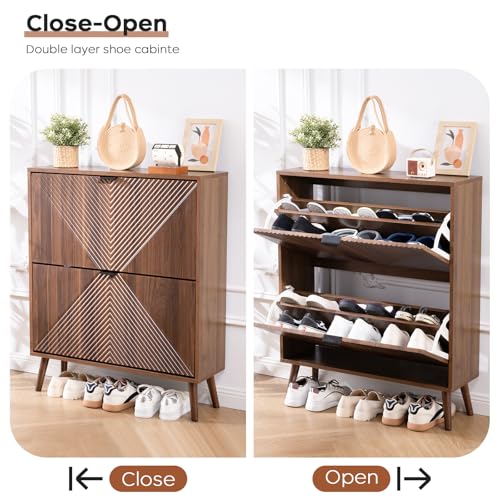 oakvivo Shoe Cabinet Storage, Farmhouse Freestanding Organizer with 2 Flip Drawers and 4 Wooden feet, Narrow Shoe Rack Cabinet for Entryway, Foyer, Hallway, Walnut oakvivo