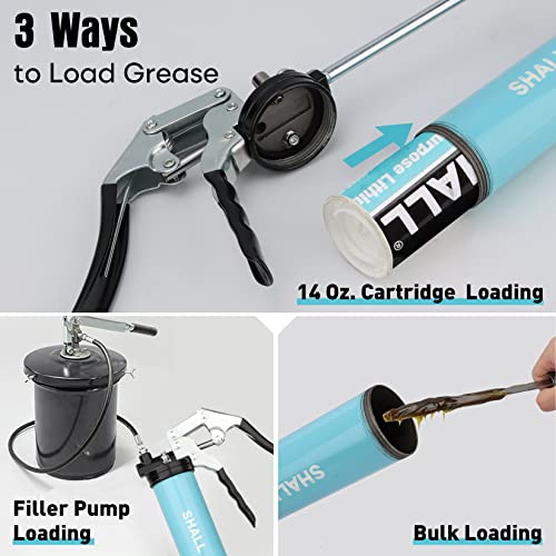 SHALL Grease Gun, 7000 PSI Heavy Duty Pistol Grip Grease Gun Kit w/Grease Gun Coupler, 18” Spring Flex Hose, Reinforced Coupler, 2 Extension Rigid Pipe, Sharp Nozzle, Fittings Cleaner | 14oz Load SHALL