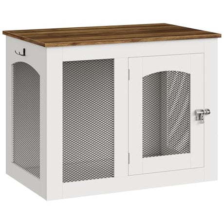 CHOEZON Wooden 30.1" Dog Crate Furniture, Farmhouse Pet Cage End Table with Secure Lock, Ventilated Mesh for Medium Dogs, Dog Kennel Furniture for Living Room, Bedroom, White and Walnut MGW02WL CHOEZON