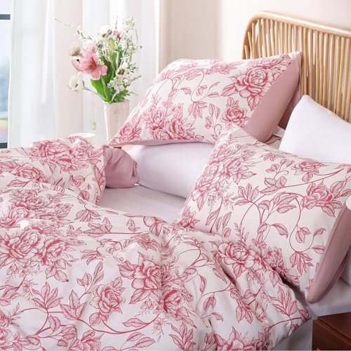 JANZAA Queen Size Comforter Set Pink Comforter Floral Peony Pattern Bedding Sets 3 Piece Flowers Soft Lightweight Warm Breathable 1 Bed Comforter (90"x90") with 2 Pillow Shams(20"x26") JANZAA