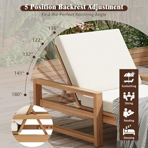 THINK 30 Lounge Chair Outdoor, Acacia Wood Oversized Chaise Lounge Chair with 5 Positions, Patio Lounge Chair with Thick Cushions, Weather-Resistant for Pool, Deck, Poolside,Light Teak THINK 30