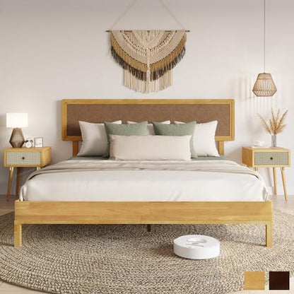 Nipe King 14 Inch Bohemian Bed Frame with Adjustable Woven Headboard - Rustic Acacia Wood Design, No Box Spring Required - WoodArtSupply