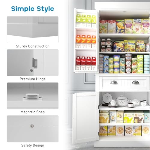 Squireewo 72" Freestanding Kitchen Pantry Storage Cabinet with Doors and 6 Hanging Shelves,Storage Cupboard with Large Drawer for Kitchen,Bathroom or Hallway, White Squireewo
