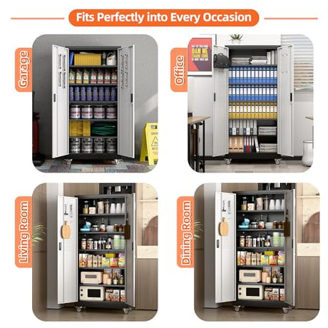 Aobabo 71" H×32" W×16" D Metal Storage Cabinet with Wheels, Garage Steel Storage Cabinet with 5 Adjustable Shelves and 4 Hooks for Home Office,Kitchen, Black Silver,Assembly Required Aobabo