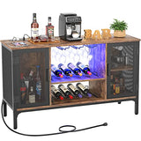 Homieasy Wine Bar Cabinet with Led Lights and Power Outlets, Industrial Coffee Bar Cabinet for Liquor and Glasses, Farmhouse Bar Cabinet with Removable Wine Racks, Rustic Brown Homieasy