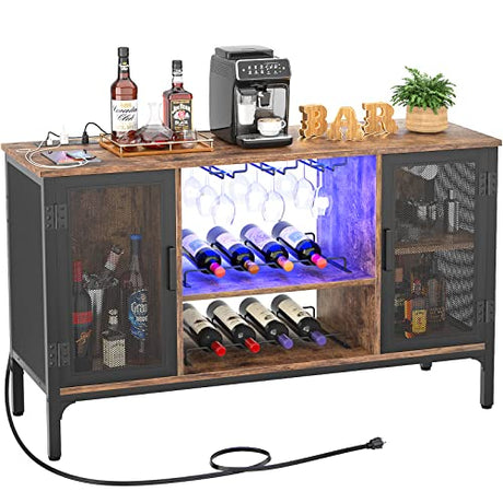 Homieasy Wine Bar Cabinet with Led Lights and Power Outlets, Industrial Coffee Bar Cabinet for Liquor and Glasses, Farmhouse Bar Cabinet with Removable Wine Racks, Rustic Brown Homieasy