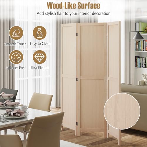 COSTWAY 3 Panel Folding Room Divider, 67" Rubber Wood Privacy Screen for Room Separation, Freestanding Hinged Partition Wall Divider for Bedroom, Living Room, Kitchen, Home Office, Restaurant COSTWAY