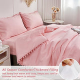 PERFEMET 5 Pcs Pink Pom Pom Comforter Twin Size Aesthetic Boho Pom Fringe Bedding Set with Sheet Ultra Soft Lightweight Farmhouse Bedding Quilt Set for Girls Kids(Pink, Twin) PERFEMET