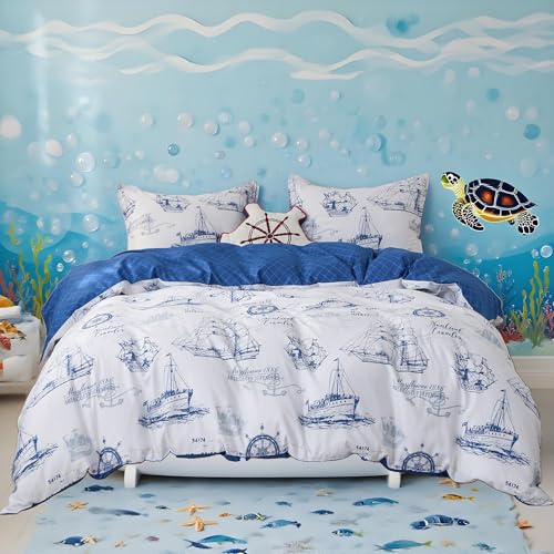 Simple&Opulence 100% Organic Cotton Duvet Cover for Kids Teens,3 Pieces Soft Cartoon Comforter Cover with Zipper Closure, Boys Bedding Set with Sailboat Pattern,Twin Simple&Opulence