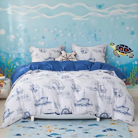 Simple&Opulence 100% Organic Cotton Duvet Cover for Kids Teens,3 Pieces Soft Cartoon Comforter Cover with Zipper Closure, Boys Bedding Set with Sailboat Pattern,Twin Simple&Opulence