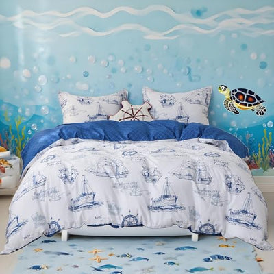 Simple&Opulence 100% Organic Cotton Duvet Cover for Kids Teens,3 Pieces Soft Cartoon Comforter Cover with Zipper Closure, Boys Bedding Set with Sailboat Pattern,Twin