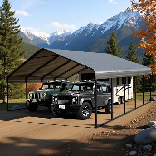 Poborin 20x20 ft Metal Carport for Outdoor Garages Steel Heavy Duty Portable Garage with Large Tall Carports Canopy for Snow, Car Ports with Galvanized Steel Roof & Frame - Grey Poborin
