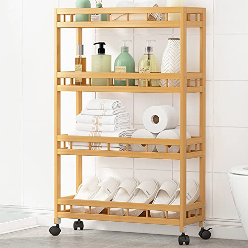 TIE-DailyNec 4-Tier Bamboo Kitchen Rolling Cart Removable Wood Trolley Island Cart, Utility Cart Multi-Layer Storage Shelf Rack on Wheels (23.6" L X 7.1" W X 37.8" H) TIE-DailyNec
