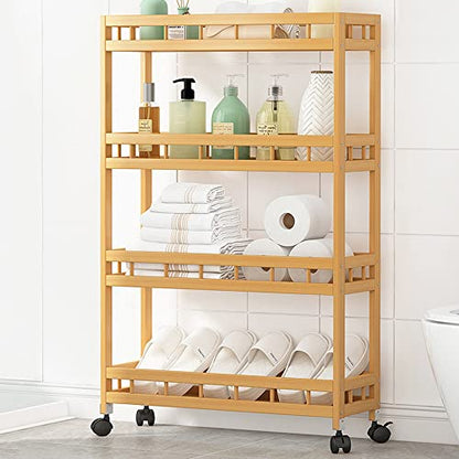 TIE-DailyNec 4-Tier Bamboo Kitchen Rolling Cart Removable Wood Trolley Island Cart, Utility Cart Multi-Layer Storage Shelf Rack on Wheels (23.6" L X 7.1" W X 37.8" H) - WoodArtSupply