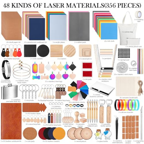 Tondiamo 356 Pcs Bulk Laser Engraving Supplies Blank Material Kit DIY Engraver Accessories Including Acrylic Glass Stainless Steel Wood Fabric PU Leather Rock Rubber Materials for Laser Cutters Tondiamo
