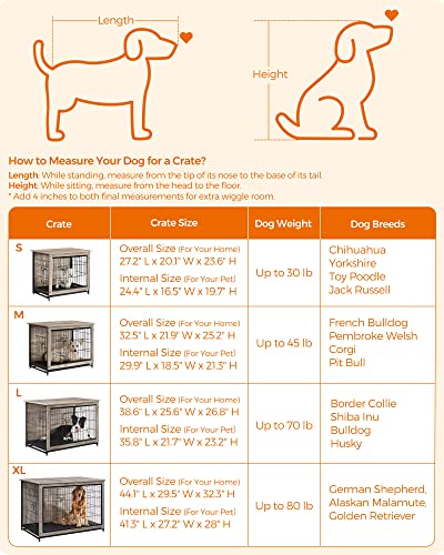 Feandrea 44.1" Dog Crate Furniture, Indoor Dog Cage Side End Table, XL Pet Wood Kennel for Large and Medium Dogs up to 80 lb with Multi-Purpose Removable Tray, Double-Door Pet House, Greige Feandrea
