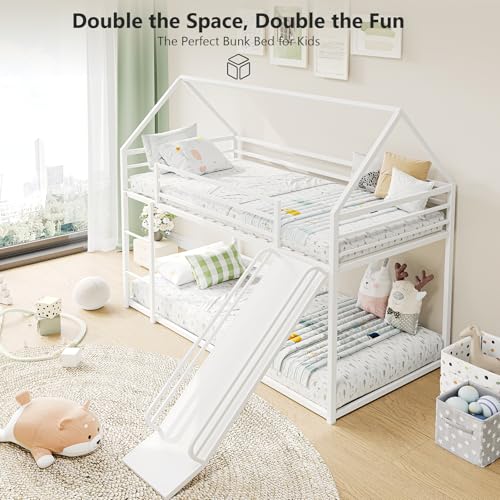 YIORTWO House Bunk Bed Twin-Over-Twin Low Metal Frame with Roof Fun Convertible Slide & Full Safety Guardrails Durable Toddler Bunk Bed with Montessori Floor Design,White YIORTWO