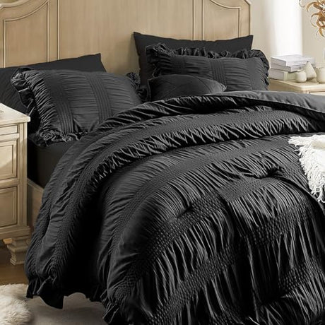 QUIETSEA Twin Comforter Set Seersucker 5 Pieces Luxury Ruffle Bed in a Bag Twin Size for All Season Black Bedding Set with Comforter, Pillowcase, Flat Sheet, Fitted Sheet and Pillow Sham QUIETSEA
