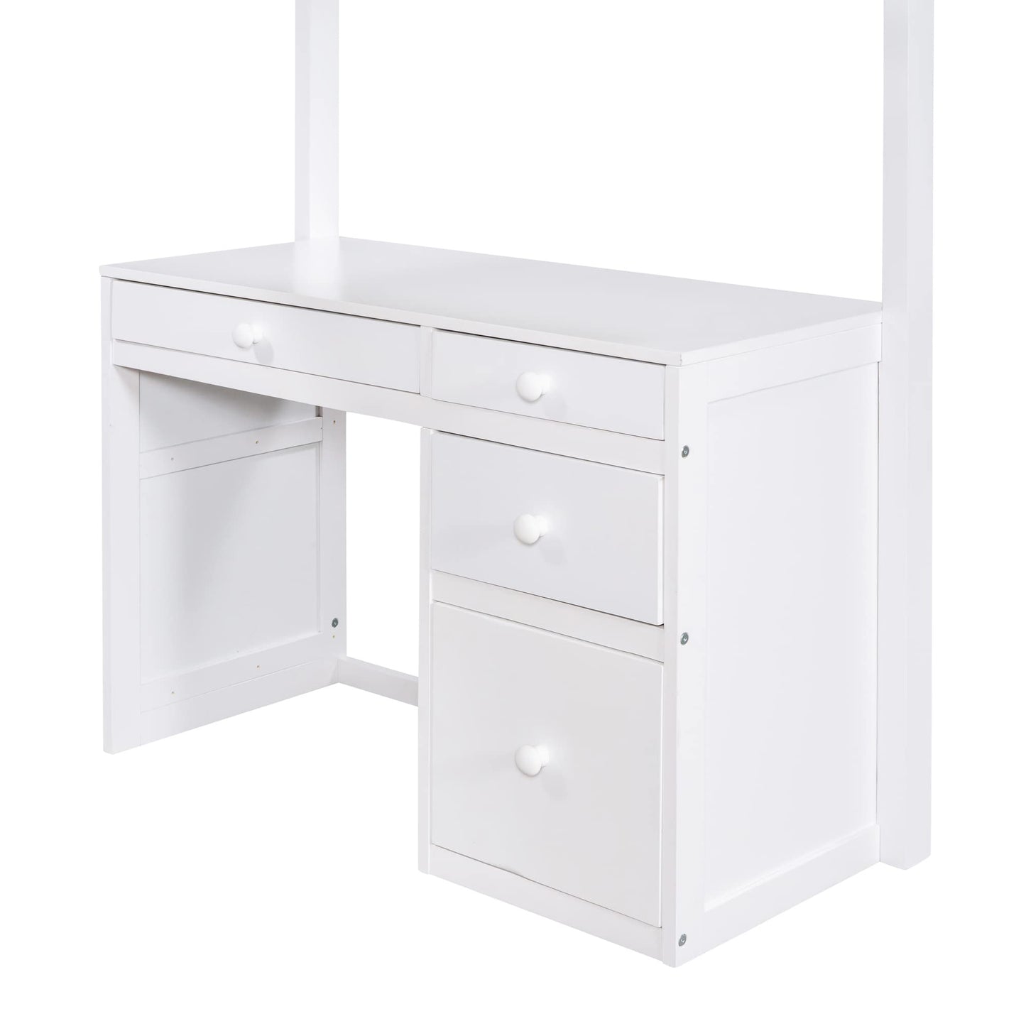 P PURLOVE Twin Loft Bed with Desk, Shelves, and Storage Drawers in White - WoodArtSupply