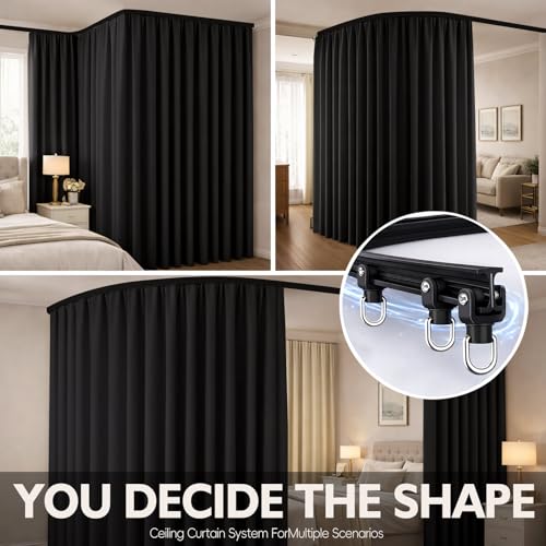 Jilron Room Divider Curtain Ceiling Curtain Track Set for Blackout and Privacy (Black Curtain + Black Track) 106" W x 84" L -1 Piece Jilron