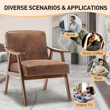 SmartEdge Accent Chair, Living Room Chairs with Extra-Thick Backrest, Lounge Accent Chair with Solid Wood Frame, Comfy Tech Cloth Vanity Chair Armchair for Bedroom, Reading Room, Office, Brown SmartEdge