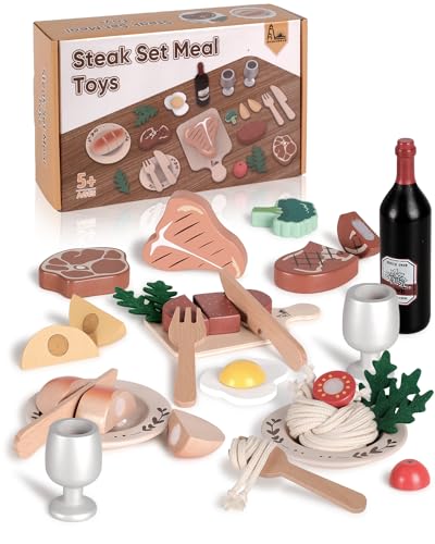 RRIBOUDWAN Wooden Play Food Toys, Food Pretend Playset Include Four Kinds of Steak, Pasta, Red Wine, Wine Glass, Vegetable Salad, Steak Dinner Game for 3+ Years Old Children RRIBOUDWAN
