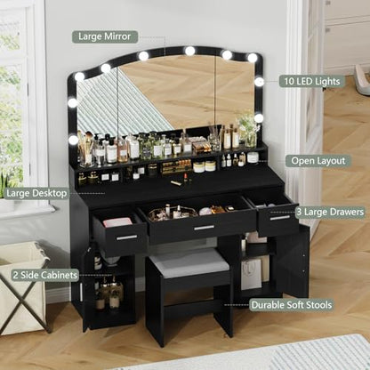 usikey Makeup Vanity with Lights, Vanity Desk, Makeup Vanity Table with 3 Drawers, 2 Cabinets & Long Storage Shelf, 10 Led Lights, Dressing Vanity Table with Stool, for Women, Girls, Bedroom, Black