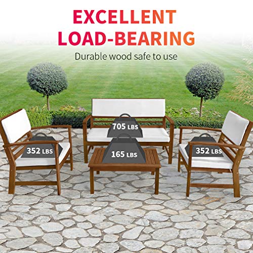 FDW Patio Conversation Set Patio Furniture Patio Sofa Set Outdoor Chat Set 4-Piece Acacia Wood Outdoor Seating Set with Water Resistant Cushions and Coffee Table for Pool Beach Backyard Balco - WoodArtSupply