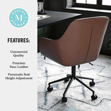 Martha Stewart Rayna Swivel Task Chair with Flared Arms for Home Office in Saddle Brown Faux Leather with Oil Rubbed Bronze Frame Martha Stewart