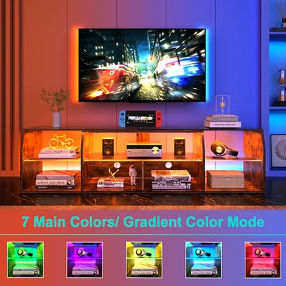 VECELO LED TV Stand with Lights & Power Outlet for 65 inch Gaming Entertainment Center with 7 Open Storage Shelves, Industrial Television Cabinet for Living Room, Bedroom, Retro Brown, 65inch - WoodArtSupply