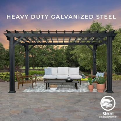 Backyard Discovery 14x12 Stratford All Season Galvanized Steel Pergola, Black, Sail Shade Soft Canopy, Rust Resistant, Support Winds Up to 100MPH, Patio, Deck, Backyard, Garden