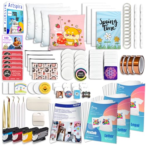 Brother SP-1 Sublimation Printer Deluxe Bundle with Full Ink Set, 460 Sublimation Transfer Sheets, 50 Blanks, Tape and More