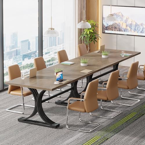 Tribesigns 10.5FT Conference Table, Modern Meeting Table for 8-10 People, Rectangle Seminar Boardroom Table for Office Conference Room (2, Gray+Black) - WoodArtSupply