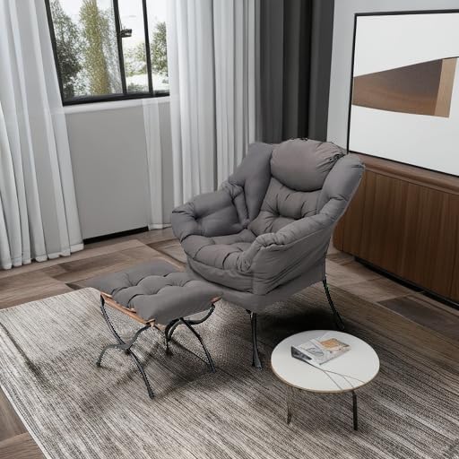 Welnow Lazy Chair with Ottoman, Modern Lounge Accent Chair with Armrests and a Side Pocket, Leisure Upholstered Sofa Chair Reading Chair with Footrest for Small Space, Corner Chair, Dark Grey Welnow