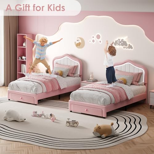 GAOMON Upholstered Twin Size LED Bed Frame with Storage Drawer, Velvet Princess Platform Bed Frame for Kids/Girls, Wooden Slats Support, No Box Spring Needed, Easy Assembly, Pink GAOMON