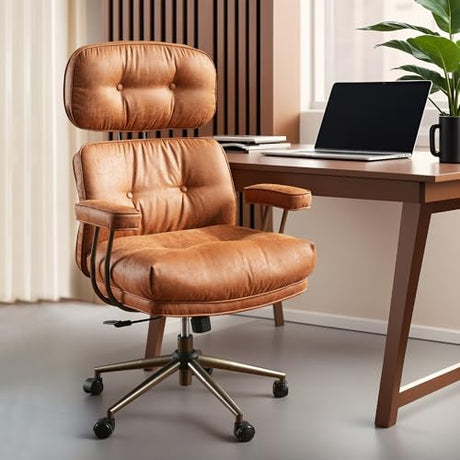 ovios Ergonomic Office Chair, High Back Faux Leather Executive Chairs with Thick Cushion, Comfy Mid-Century Modern Swivel Rolling Computer Armchair (Brown, Suede Leather) ovios