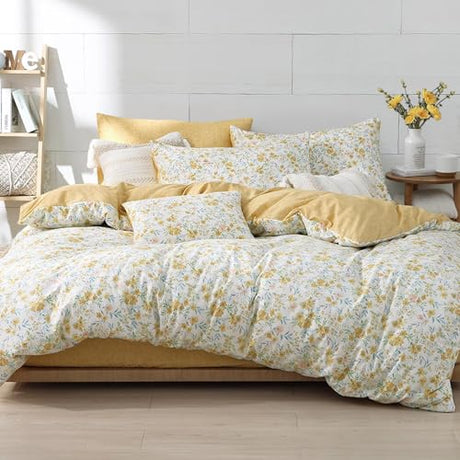 ALEISSEL Natural Cotton 2pcs Floral Comforter Sets Twin Size-Yellow Comforter with Pink & Yellow Flowers and Blue & Green Leaves on White, Reversible Lightweight Bedding Sets(Twin 68"×90") ALEISSEL