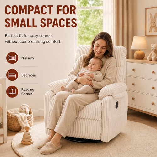 Beige Rocking Chair Nursery Recliners, Small Recliner Rocking Chair for Small Spaces, Manual Swivel Glider Recliner for Living Room Bedroom Office, Corduroy，Adjustable Backrest & Footrest (Beige)