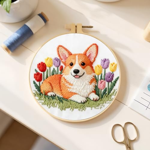 jinglinhh Embroidery Starter Kit Corgi Dog Tulip Flower for Adult Beginners, DIY Stamped Cross Stitch Kit Kit with Hoops, Threads & Embroidery Cloth, Needlework Craft Gift for Women