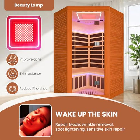 OUTEXER 2-3 Person Sauna Corner Sauna Far Infrared Saunas Room Home Canadian Hemlock Indoor 2100W Low-EMF Dry Saunas with Red Light Therapy Beauty Lamp 47.2 * 47.2 * 74.8inch OUTEXER