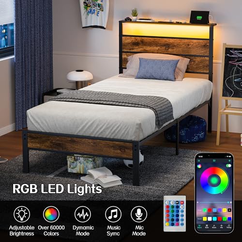 Liians Twin Bed Frame with Storage Headboard USB Charging Station, Smart LED Lights, Metal Platform Bed Easy Assembly, No Box Spring Needed Liians