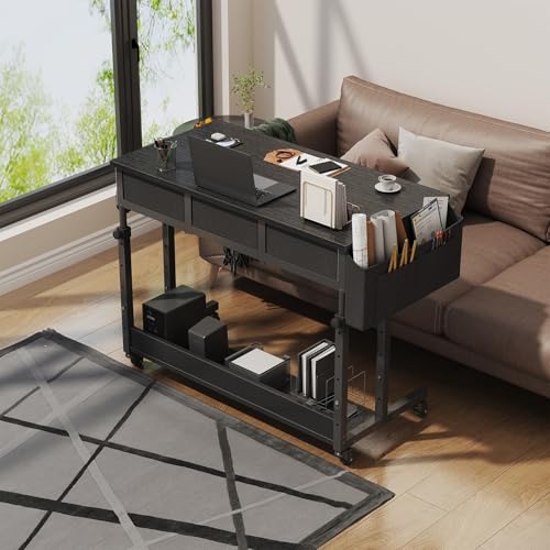 Rolling Standing Desk Adjustable Height with Drawers, 40 Inch Mobile Stand Up Portable Teacher Desks on Wheels for Classroom, Couch Sofa Side Laptop Table with Storage for Bedroom Home Office, Black WINAZ