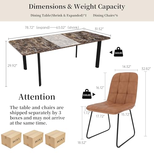 HIPIHOM Extendable Dining Table Set for 6-8 People, 63 to 78.7 Inch MDF Kitchen Table with 6 Upholstered Chairs, Space-Saving for Dining Room, Breakfast Nook (Brown Table & 6 Brown U-Shaped Chairs) HIPIHOM