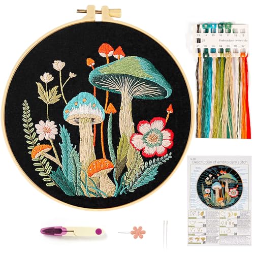 Mushroom Embroidery Kit for Beginners Adults, Stamped Hand Embroidery Kit, Embroidery Starter Kit with Floral and Mushroom Design, Cross Stitch Kits with Printed Embroidery Cloth and Embroidery Tools