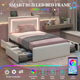 LoVinson Twin Size Bed Frame with 4 Storage Drawers, Charging Station and LED Light, Adjustable Upholstered Headboard, Noise-Free, No Box Spring Needed, Easy Assembly, White LoVinson
