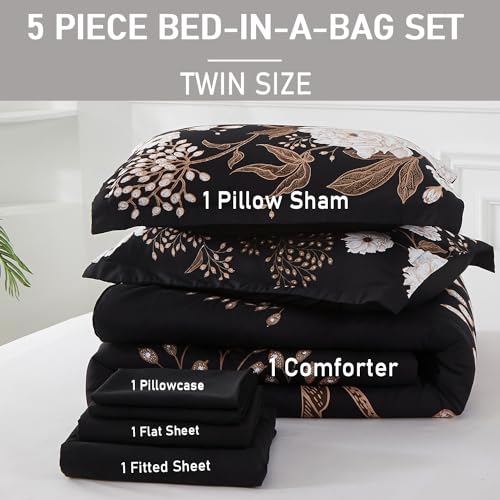 Yogeneg 5 Piece Bed in a Bag Twin Size Comforter Set Botanical Floral Bedding Set,White Flower Leaves Printed on Black Reversible Design,Soft Microfiber Comforter with Sheet Set,All Season(Black,Twin) Yogeneg