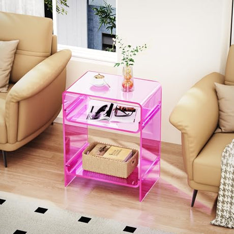 Acrylic Record Player Table with Storage Shelf, Clear Side Table Nightstand (Pink, Large) Acrylicolor