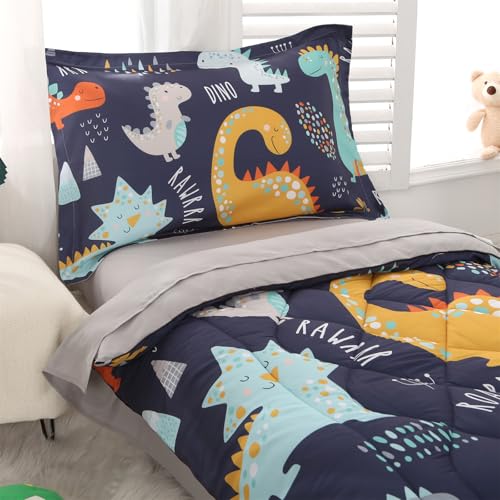 Wowelife Toddler Bedding Sets for Boys Premium 4 Piece Dinosaur Toddler Comforter Set Blue Grey Bed Set, Super Soft and Comfortable for Toddler(Dark Blue) Wowelife