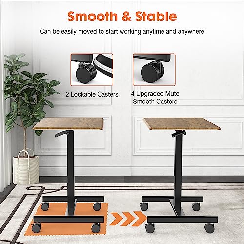Sweetcrispy Small Mobile Standing Desk, Rolling Laptop Computer Carts, Portable Laptop Desk with Wheels, Adjustable Height Table for Home Office, Rust Brown Sweetcrispy